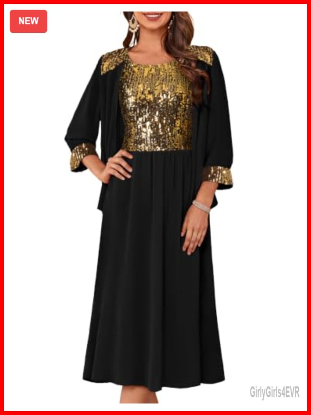 Two-Piece Sequin Chiffon Tea Length Dress with Jacket for Wedding Guest
